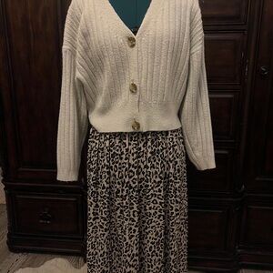 Pleated Leopard Print Midi Skirt in Beige and Black